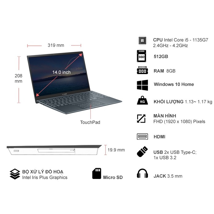 Laptop ASUS ZenBook UX425EA-BM069T (Core i5 1135G7 / 8GB/ 512Gb/ 14" FHD/ WIn10) Nhẹ 1.17kg