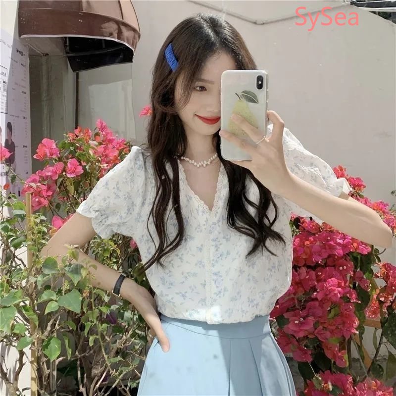 Áo Kiểu Tay Phồng Họa Tiết Hoa Phong Cách Hàn Quốc Vào Mùa Hè