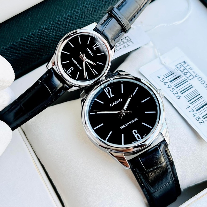 Đồng Hồ Cặp Đôi Casio Nam Nữ MTP-V005L-1BUDF & LTP-V005L-1BUDF Dây Da Đen Mặt Đen