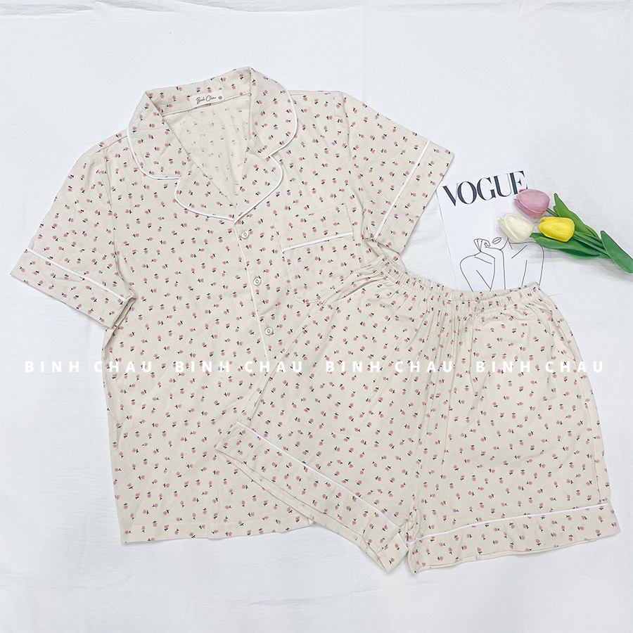 Bộ đồ ngủ tay ngắn hoa hồng nhí BÌNH CHÂU chất thô đũi cara mát mịn phong cách hàn quốc - Bình Châu Sleepwear Clothing