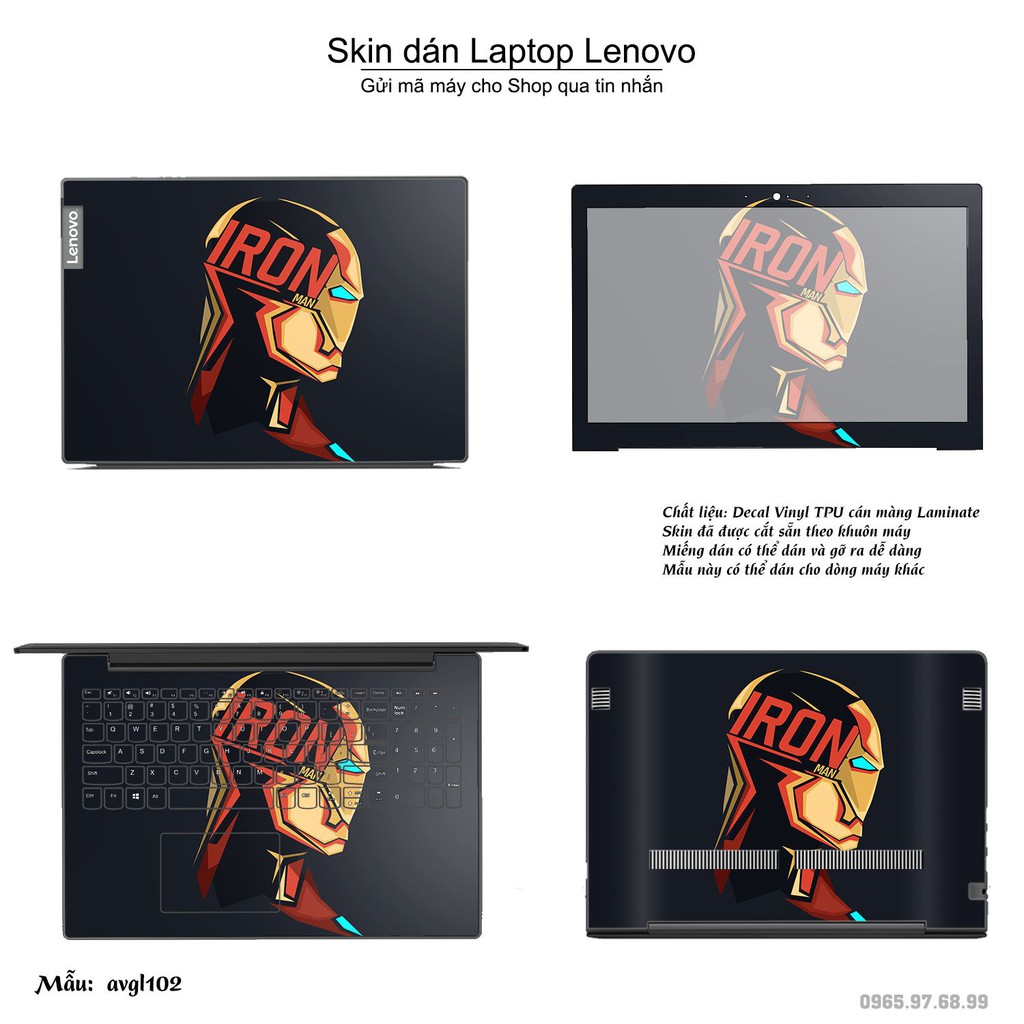 Skin dán Laptop Lenovo in hình iron man - Avenger - avgl102 (inbox mã máy cho Shop)