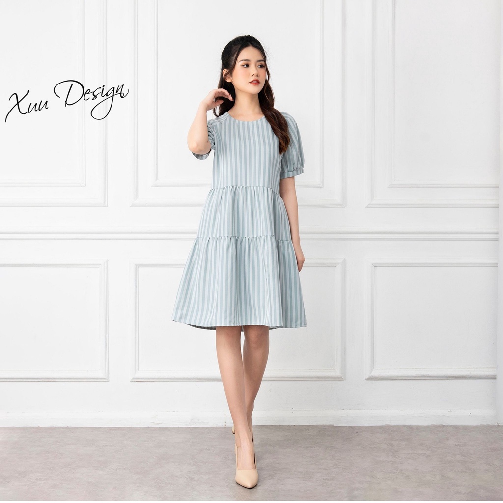 Đầm suông babydoll XUU cổ tròn, thiết kế 2 tầng xòe trẻ trung V07