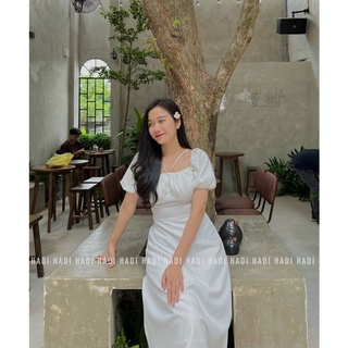 Đầm vải lụa rút ngực dáng middi - Thương