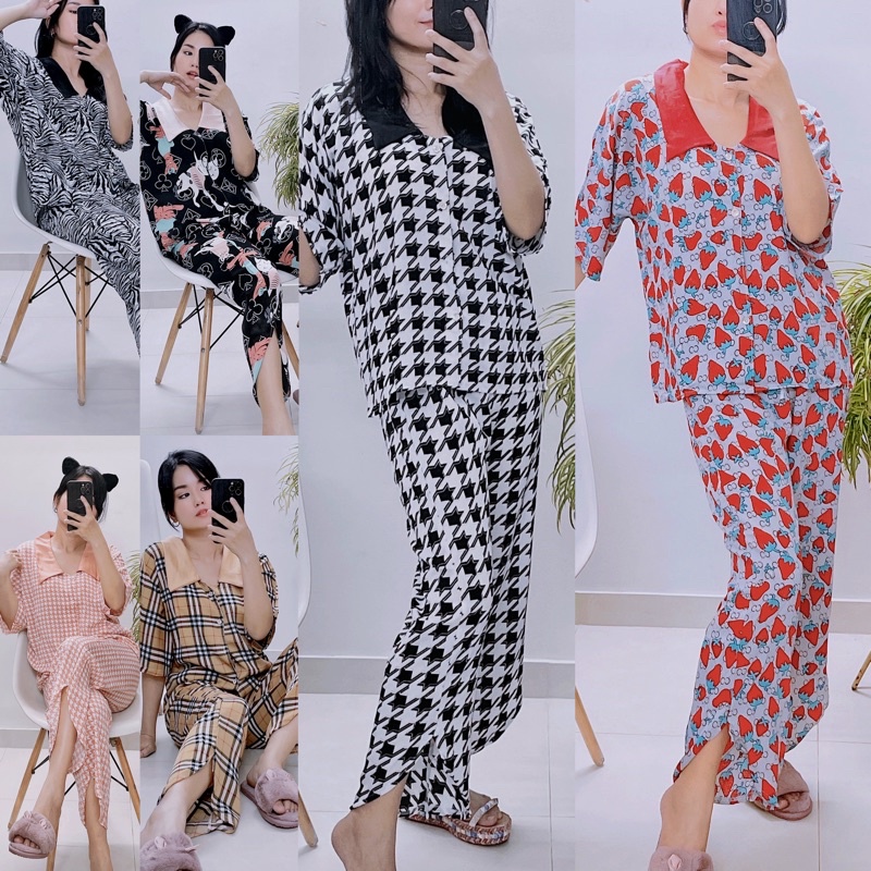 Đồ bộ dài mặc nhà tay ngắn quần dài cổ nhọn LỤA cao cấp sang trọng cho bạn nữ dưới 65kg