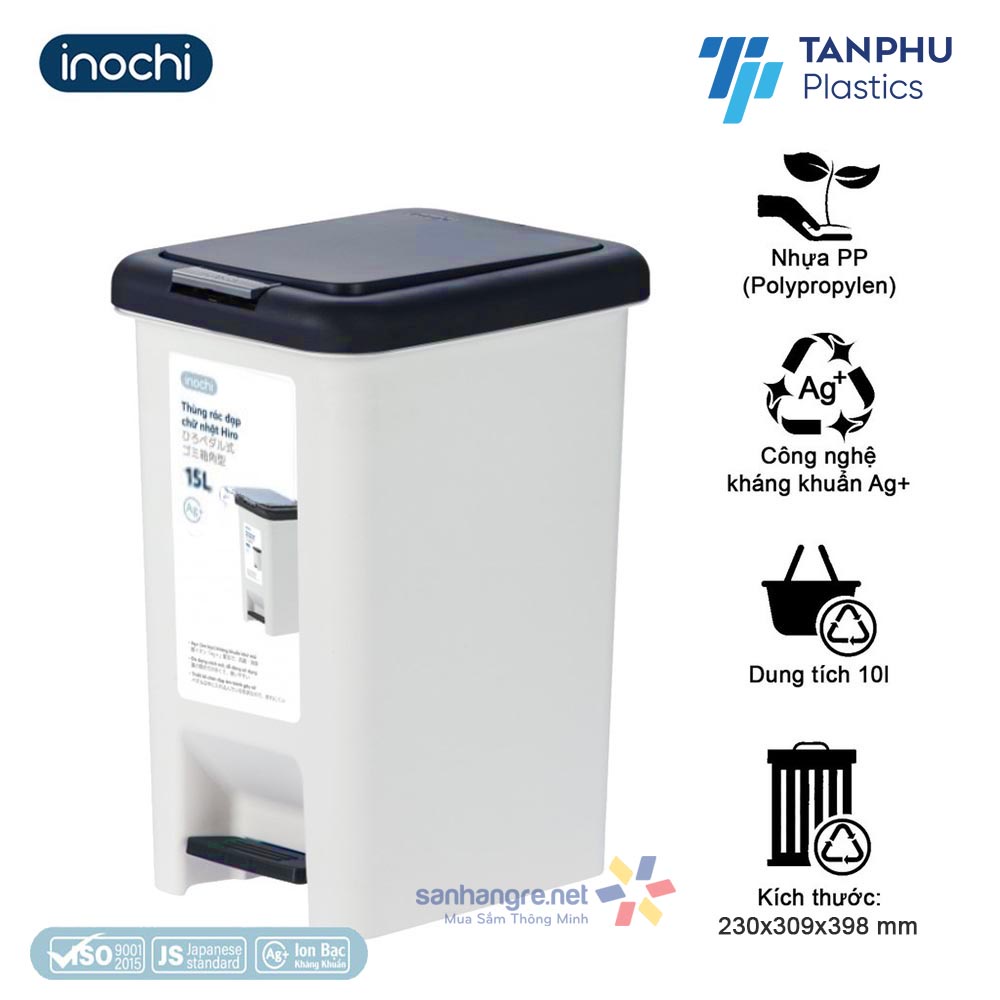 Thùng rác đạp chân chữ nhật Inochi Hiro 15L xuất Nhật - Kháng khuẩn, khử mùi (giao màu ngẫu nhiên)