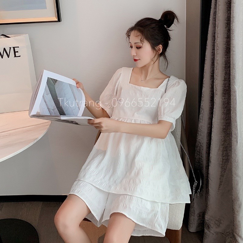 SET BỘ Bầu hồng Babydoll đũi nhăn cho mẹ bầu