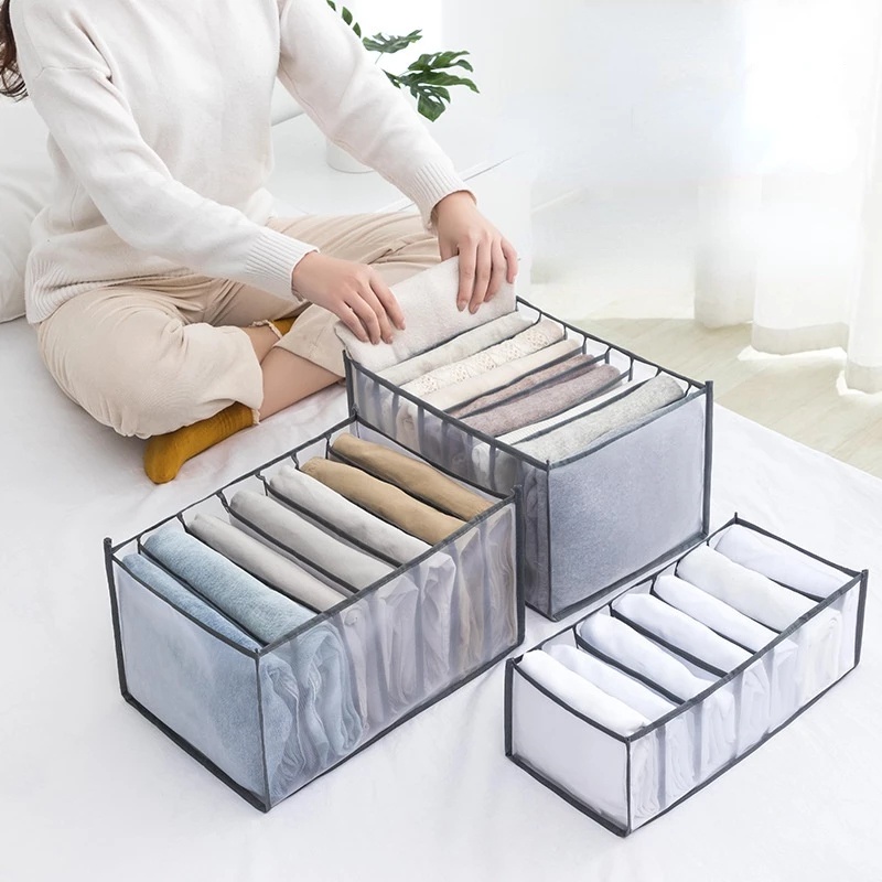 Hộp đựng quần áo jean bằng vải không dệt dày trong suốt gấp gọn được bỏ trong ngăn kéo tủ đồ