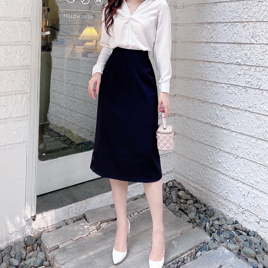 Chân váy midi dài qua gối công sở xẻ sau 2 lớp HILA
