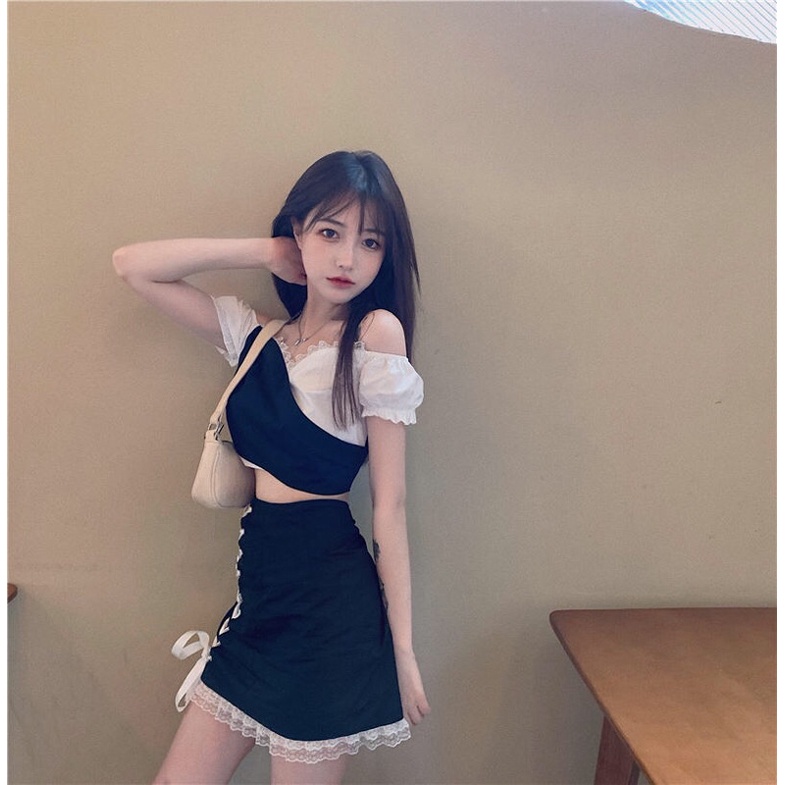 YAS0807-Set váy hai dây trễ vai buộc dây sexy + váy zip đan dây