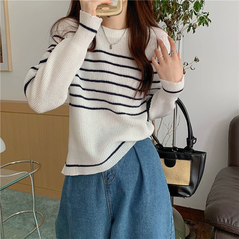 Áo Len Dài Tay Dáng Rộng Họa Tiết Kẻ Sọc Phong Cách Lười Biếng Mới