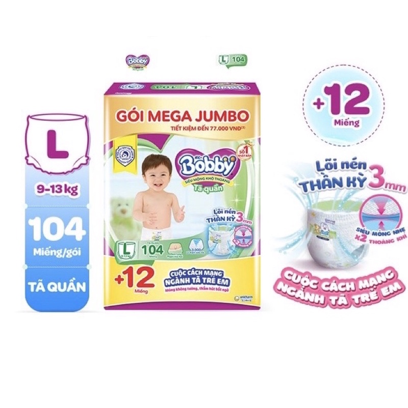 Tã quần Bobby gói Mega Jumbo : M120-L111-XL102-XXL93 - mẫu mới rãnh kim cương