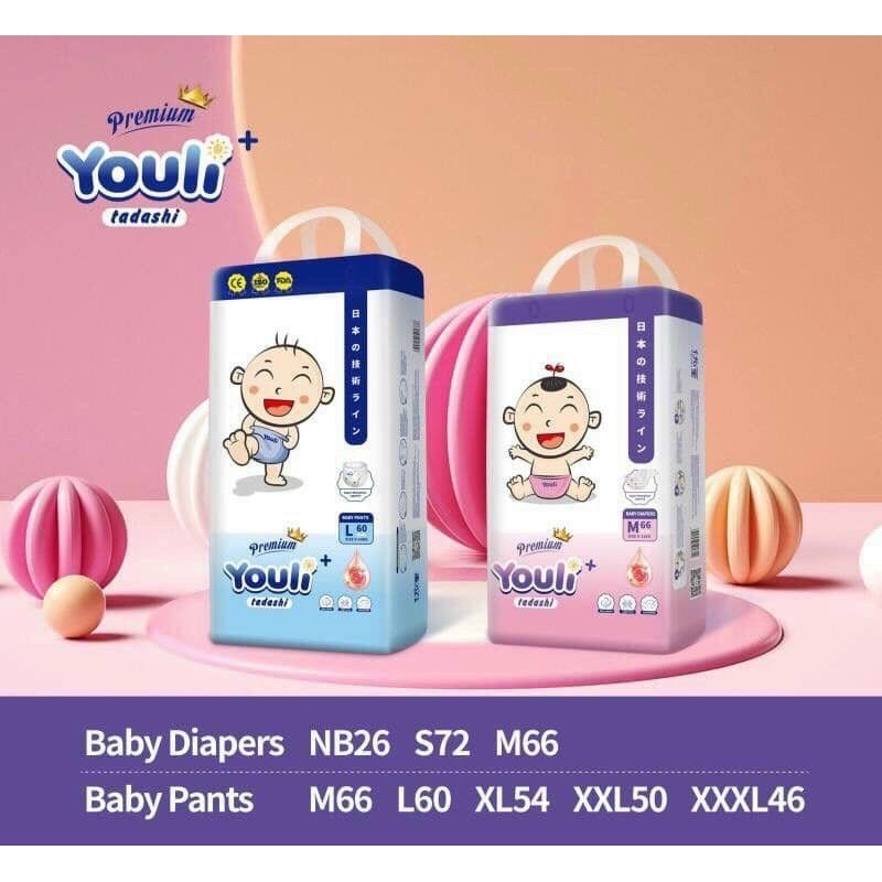 Tã/Bỉm YOULI Tí Quậy BỈM ORGANIC LỰU ĐỎ dán/quần đủ Size NB26/S72/M66/L60/XL54/XXL50/XXXL46