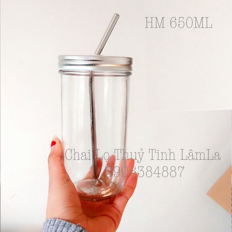 Cốc Ly Thuỷ Tinh Trà Sữa Mứt JD Nắp Nhôm 650ml 730ml | Ống Hút Thẳng Innox 304 | Cọ Rửa Ống Hút Innox