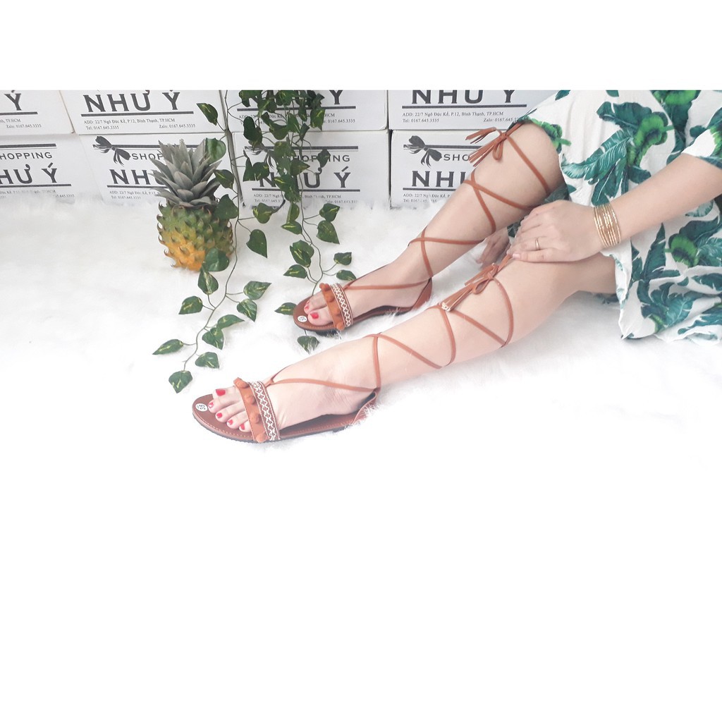 Giày sandal chiến binh thổ cẩm cột dây tua rua