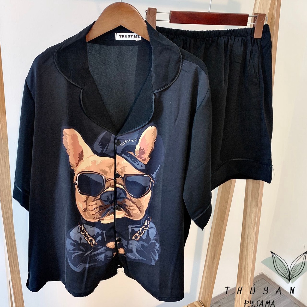 Bộ Pijama nữ bigsize chó Pitbull vàng cộc đùi chất lụa Mango ko nhăn dành cho nữ, mẹ bầu 60 - 90kg0kg