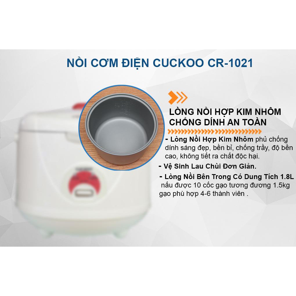 Nồi cơm điện Cuckoo CR-1021 Hàn Quốc, Nồi cơ, 1.8L, Nấu nhanh