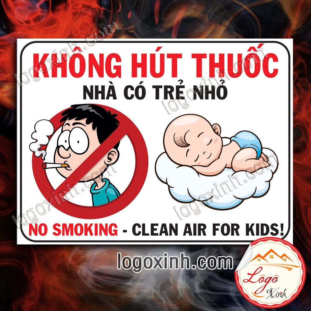 LOGO TEM STICKER KHÔNG HÚT THUỐC NHÀ CÓ TRẺ NHỎ, NO SMOKING KID CHILD INSIDE, CẤM HÚT THUỐC LÁ CÓ TRẺ EM