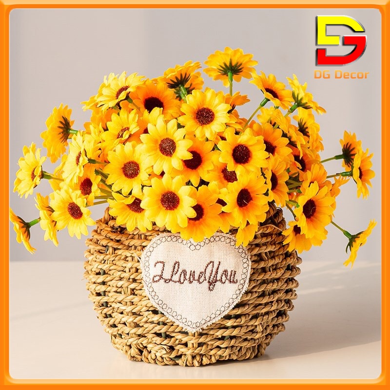 Hoa Để Bàn Giỏ Hoa Giả Decor Cao 30cm Chất Liệu Mây Đan Cắm Sẵn Hoa Lụa Cao Cấp DC_134