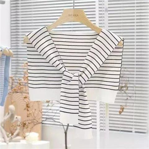 Áo Khoác Len Dệt Kim Sát Nách Kẻ Sọc Thắt Nơ Vai Bảo Vệ Cổ Thời Trang Xuân Hè