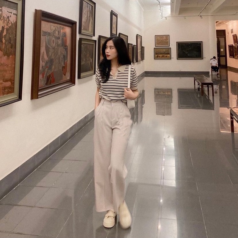 [Sẵn] Áo len polo dệt kim kẻ ngang cộc tay 2 màu đen, be | BigBuy360 - bigbuy360.vn