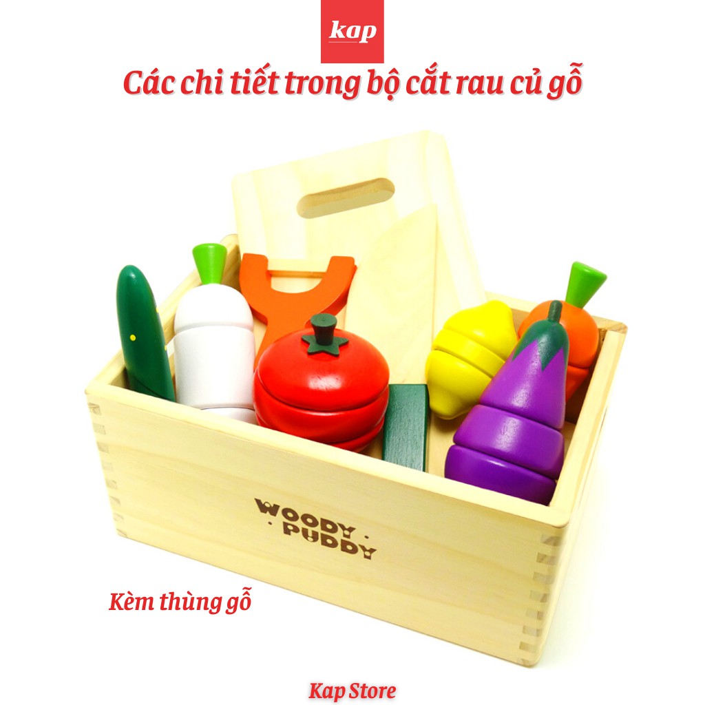 Bộ cắt hoa quả bằng gỗ wood puddy, bộ cắt rau củ bằng gỗ tự nhiên an toàn cho bé