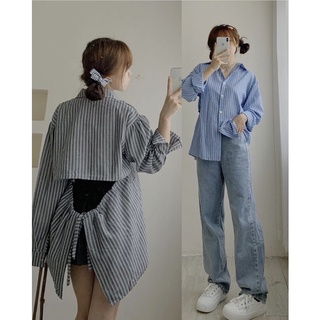 Áo sơ mi nữ sọc xanh và đen kiểu hở lưng cột nơ sau freesize Pumi