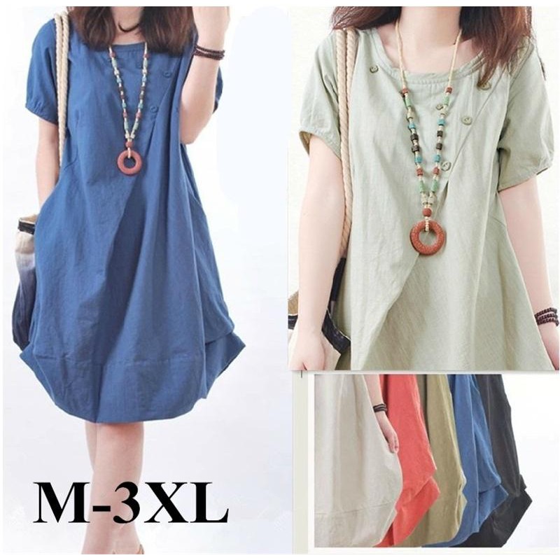 Đầm Tay Ngắn Dáng Rộng Thiết Kế Hợp Thời Trang Size M-3Xl đầm rộng đầm tay dài váy suông đầm chấm bi đầm boho đầm lolita