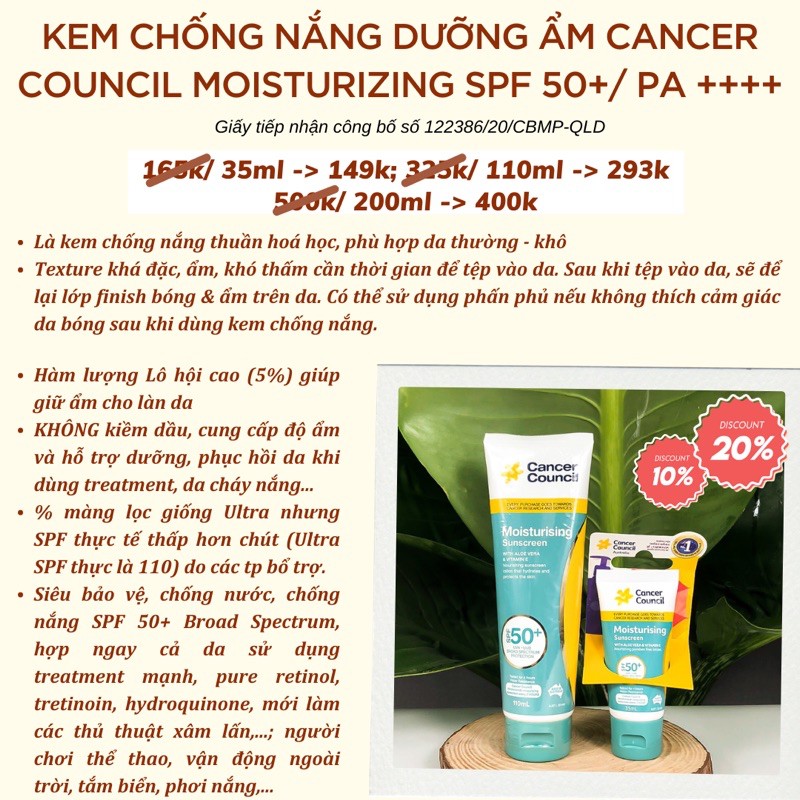 Kem chống nắng Dưỡng ẩm Cancer Council Moisturizing SPF 50+/ PA ++++