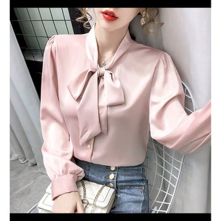 Áo sơ mi lụa cổ nơ tay bồng công sở