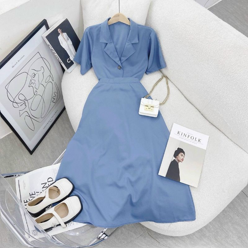 SET ÁO CỔ SƠ MI KÈM CHÂN VÁY DÀI XANH_B.O.O.M