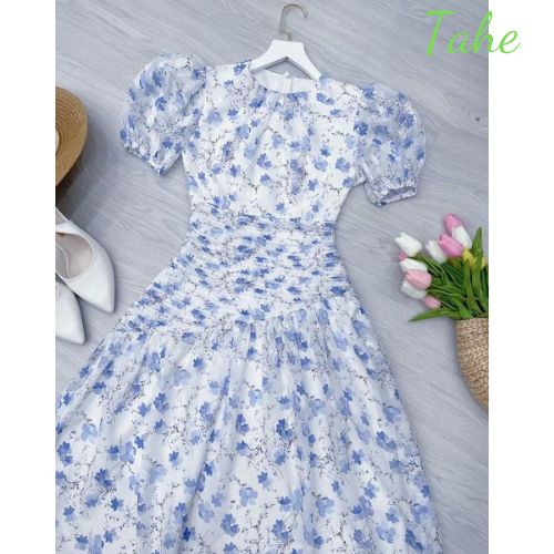 Váy dài hoa xếp ly thiết kế cao cấp dáng xòe vải voan cao cấp Tahe V122