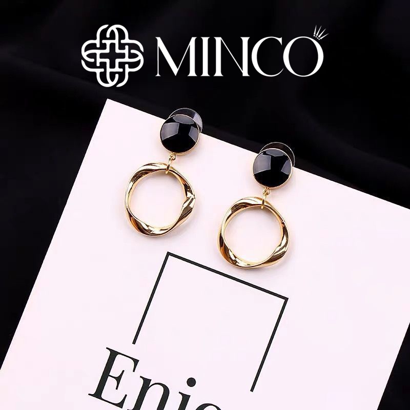 Bông tai nữ đá đen tròn Minco Accessories màu Gold phụ kiện trang sức đẹp phong cách cá tính BT314
