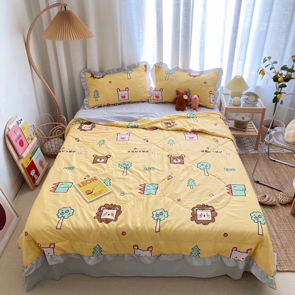 Bộ chăn đũi hè vỏ ga và 2 vỏ gối M2T bedding chăn lót bông thiết kế phối bèo họa tiết sư tử nhỏ