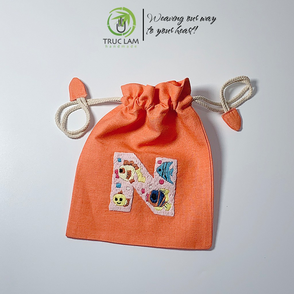 Túi Dây Rút Thêu Tay Họa Tiết Chữ Cái N Phối Hoa Văn Nhiều Màu Sắc - Trúc Lâm Handmade