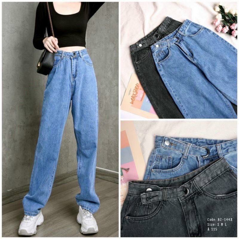 Quần suông khuy bấm cạp cao vải jeans sịn phom dáng chuẩn đẹp