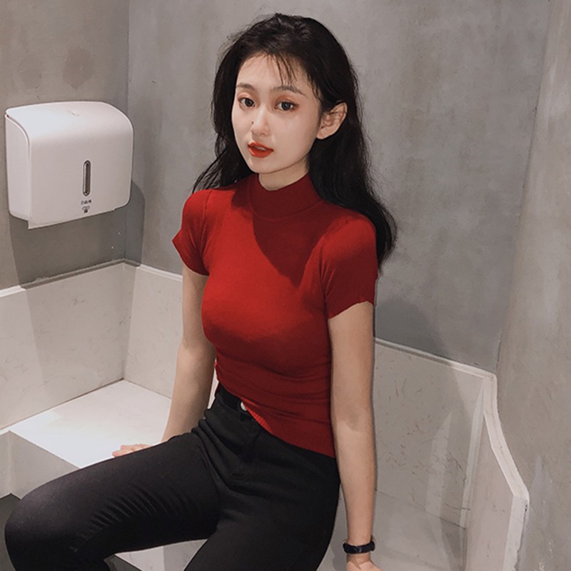 Áo Dệt Kim Ôm Dáng Tay Ngắn Cổ Lọ Màu Trơn Thời Trang Cho Nữ