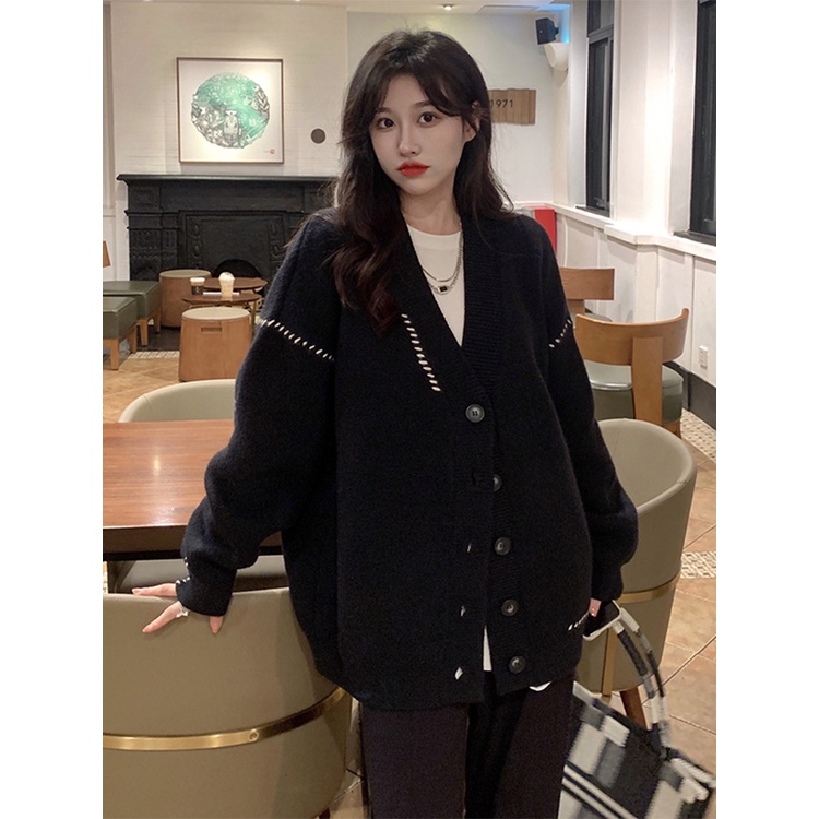 Áo khoác len cardigan nữ phối viền sọc đen trắng chất đẹp hàng Quảng Châu free size phong cách Hàn Quốc