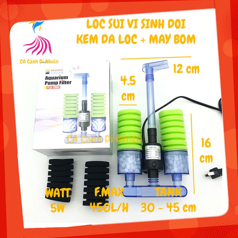 Lọc vi sinh có MÁY BƠM bio bông ĐÔI lọc sủi kèm vật liệu lọc XY-2902