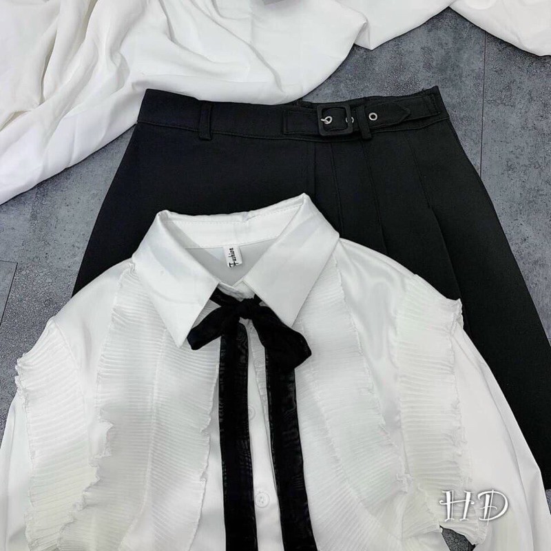 [Mã WASKT304 giảm 15% tối đa 30K đơn 99K] áo sơ mi trắng cổ tay bèo( dây nơ đen) | BigBuy360 - bigbuy360.vn