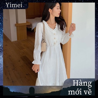 Phong cách mới của Hepburn váy trắng kiểu Pháp váy dài tay thắt lưng váy cổ tích dài giữa