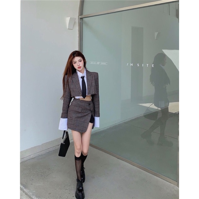 TKLIHN Set váy VEST kẻ Caro ulzzang Áo khoác BLAZER croptop kẻ caro RETRO + chân váy chữ A vạt chéo 2021 | BigBuy360 - bigbuy360.vn