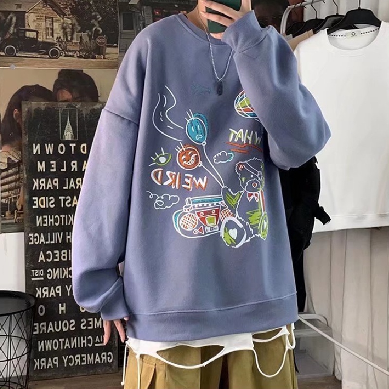 Áo sweater tay dài cổ tròn dáng rộng in họa tiết Graffiti phong cách Nhật Bản thời trang cho nam size M-5XL