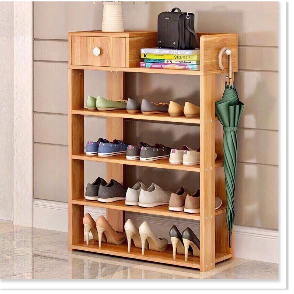 Kệ để giày dép bằng gỗ 5 tầng, tủ giày gỗ có ngăn kéo, móc treo đồ, gỗ MDF chắc chắn, thiết kế nhỏ gọn, siêu tiện lợi