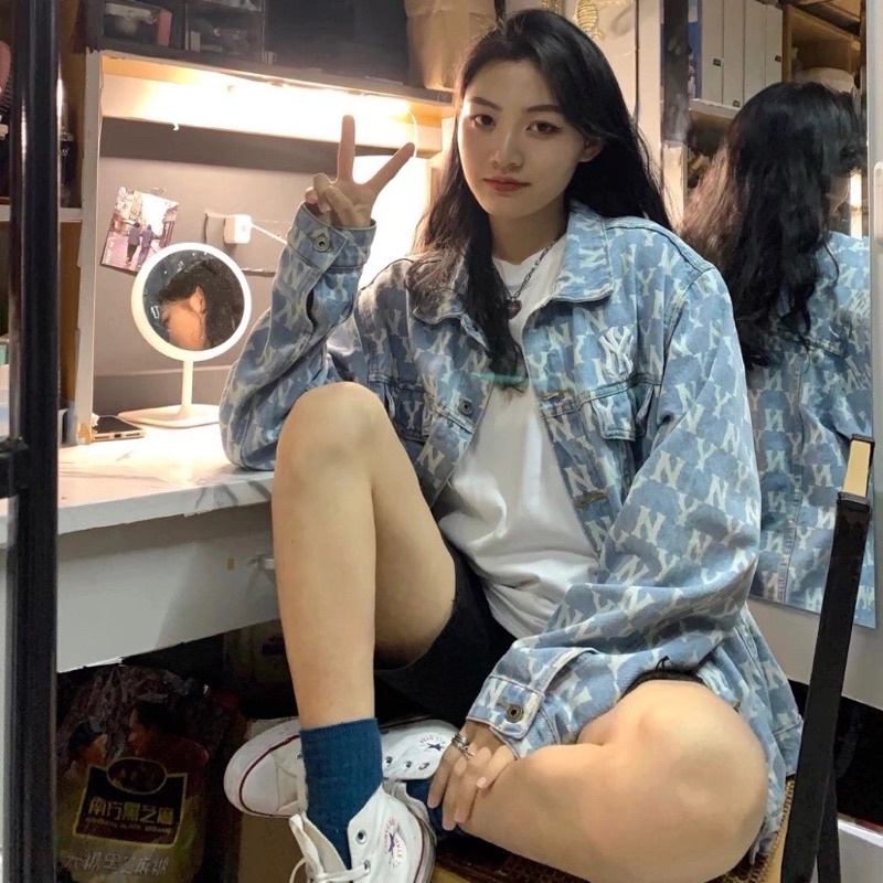 - ẢNH THẬT ÁO KHOÁC BÒ XANH NHẠT DEMIN HOẠ TIẾT MLB NY CÁ TÍNH