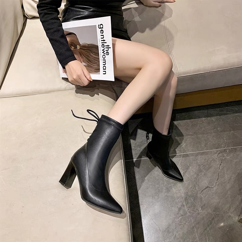 BOOT CAO CỔ DA LÌ GÓT 7CM BUỘC DÂY SAU/BỐT NỮ CAO GÓT MŨI NHỌN | BigBuy360 - bigbuy360.vn