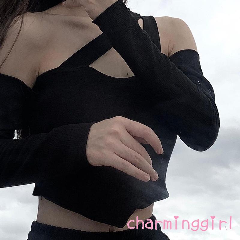 QAQ-Women´s Oblique Shoulder Short Tops Long Sleeve Solid Color Irregular Hem Ribbed Crop Tops