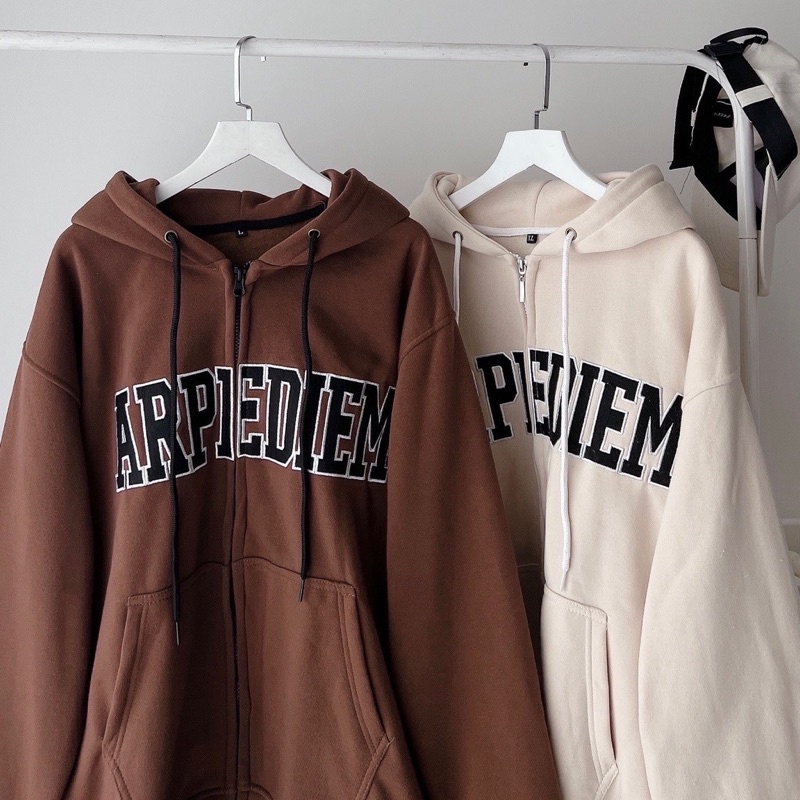 Áo Khoác Hoodie Unisex Zip Nỉ Bông CARPI  màu KEM/NÂU  Nam nữ unisex/Áo hoodie dây kéo nữ có mũ form rộng Jaystoree