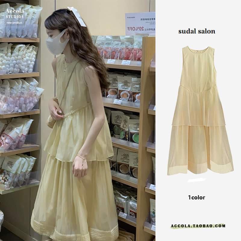 M323 - Váy midi voan tơ cổ tròn không tay 2 tầng dáng suông xinh xắn