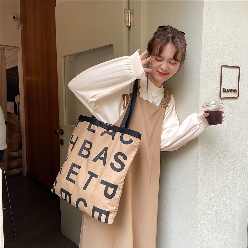 Túi xách ENVIROSAX canvas cỡ lớn in chữ phong cách hàn quốc