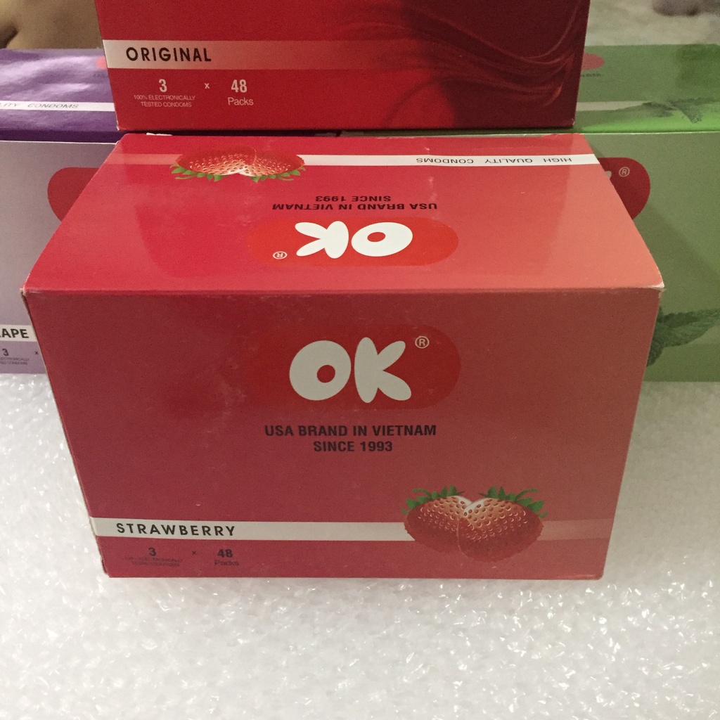Bao cao su OK Strawberry, bao cao su gia đình hương dâu, socola, bạc hà, không mùi, hộp 144 bcs